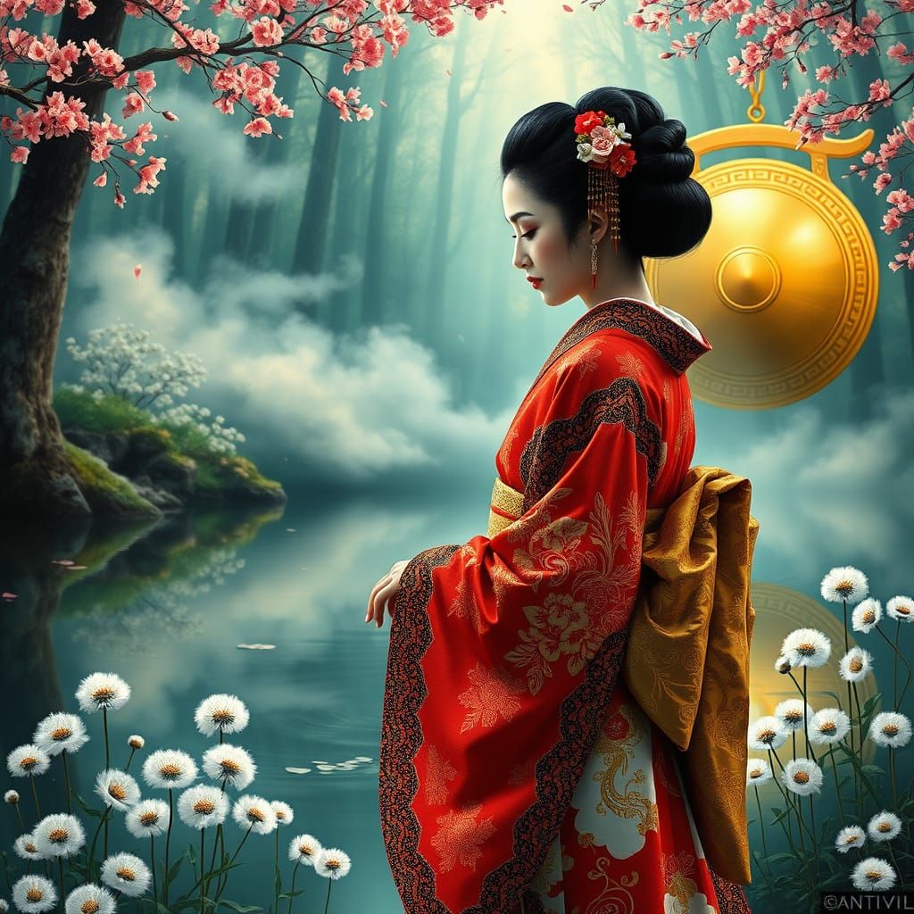 Japanese Geisha in Intricate Red and White Kimono with Golde...