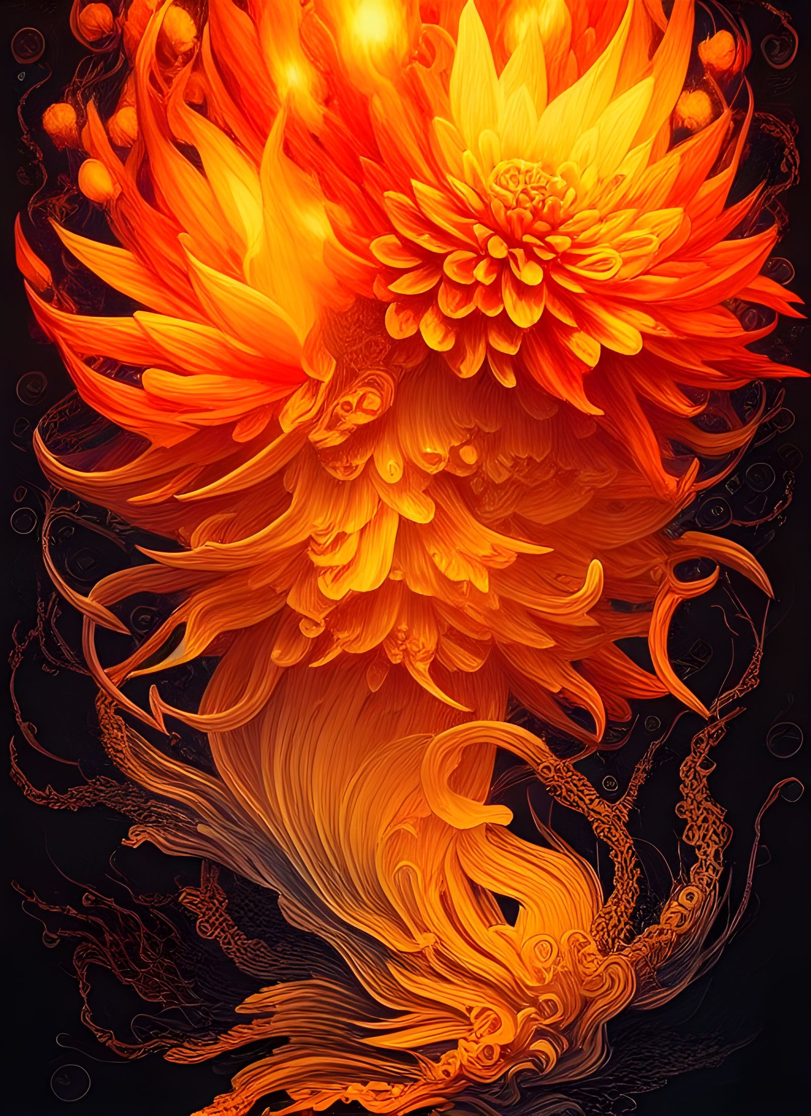 Fiery Lava Dahlias Illustration in Liquid Art Style
