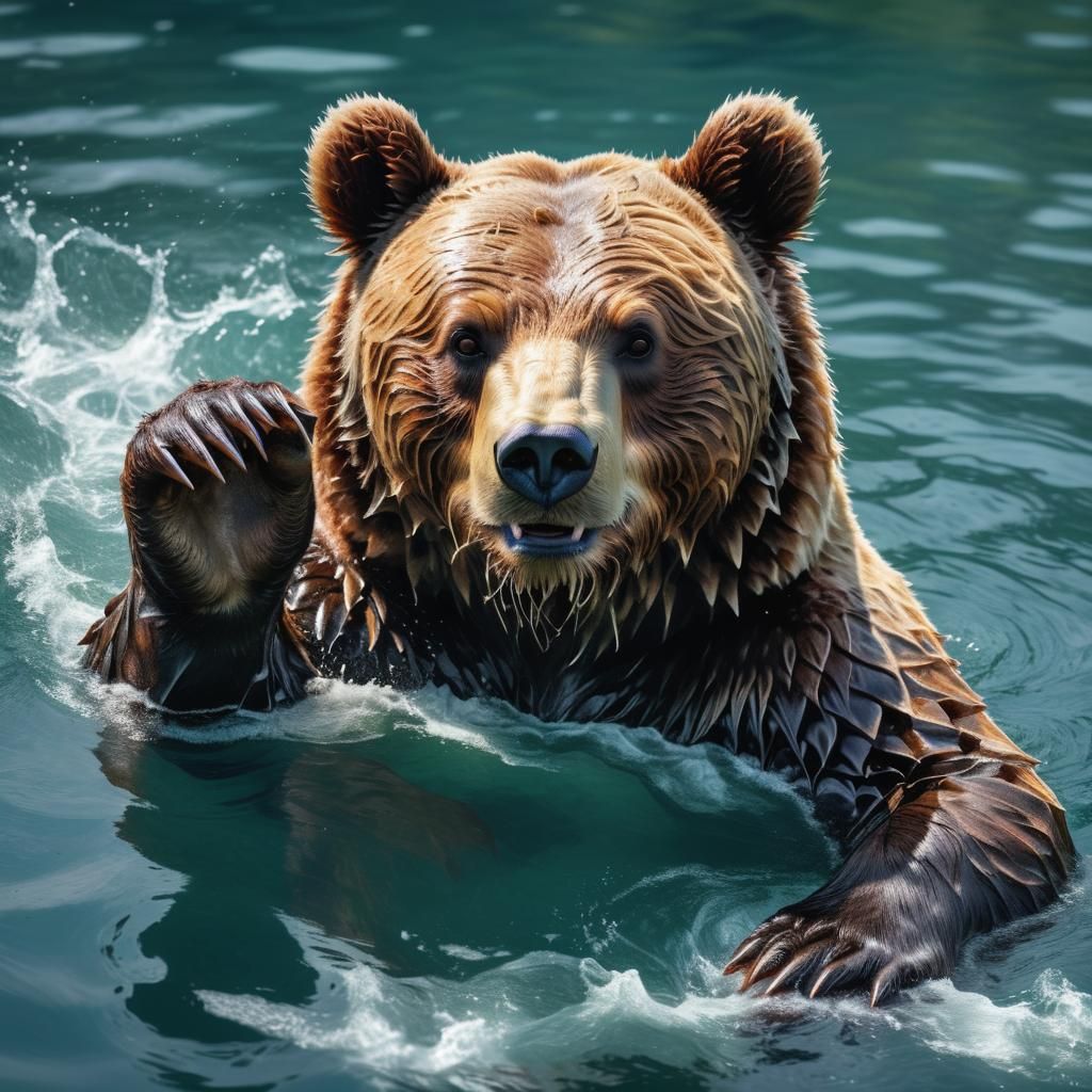 Hyperrealistic Bear Swimming in Lake Scenery