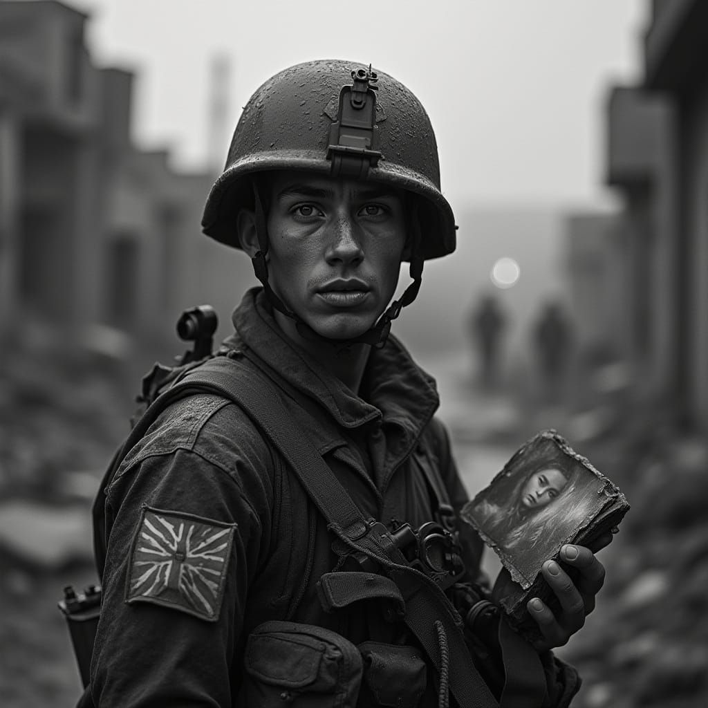 Weary Soldier in Ruined City: Stark War Photography