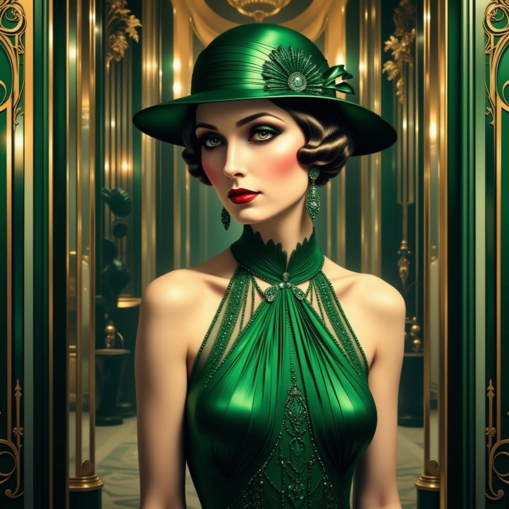 Woman in Opulent Art Deco Green Gown and Hat