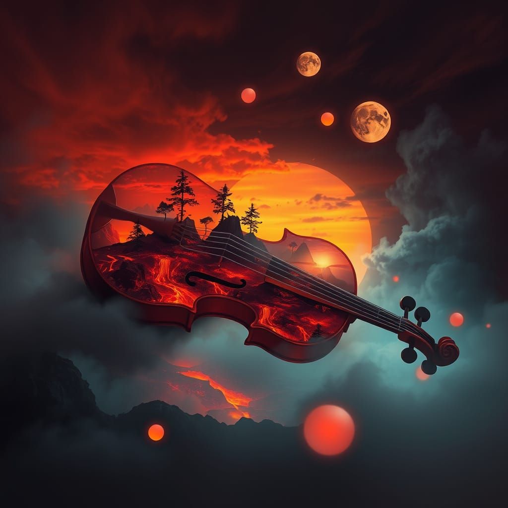 A surreal violin filled with a vivid landscape showcases a v...