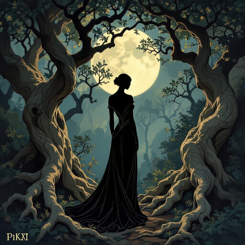Ethereal Figure in Ancient Forest by Moonlight