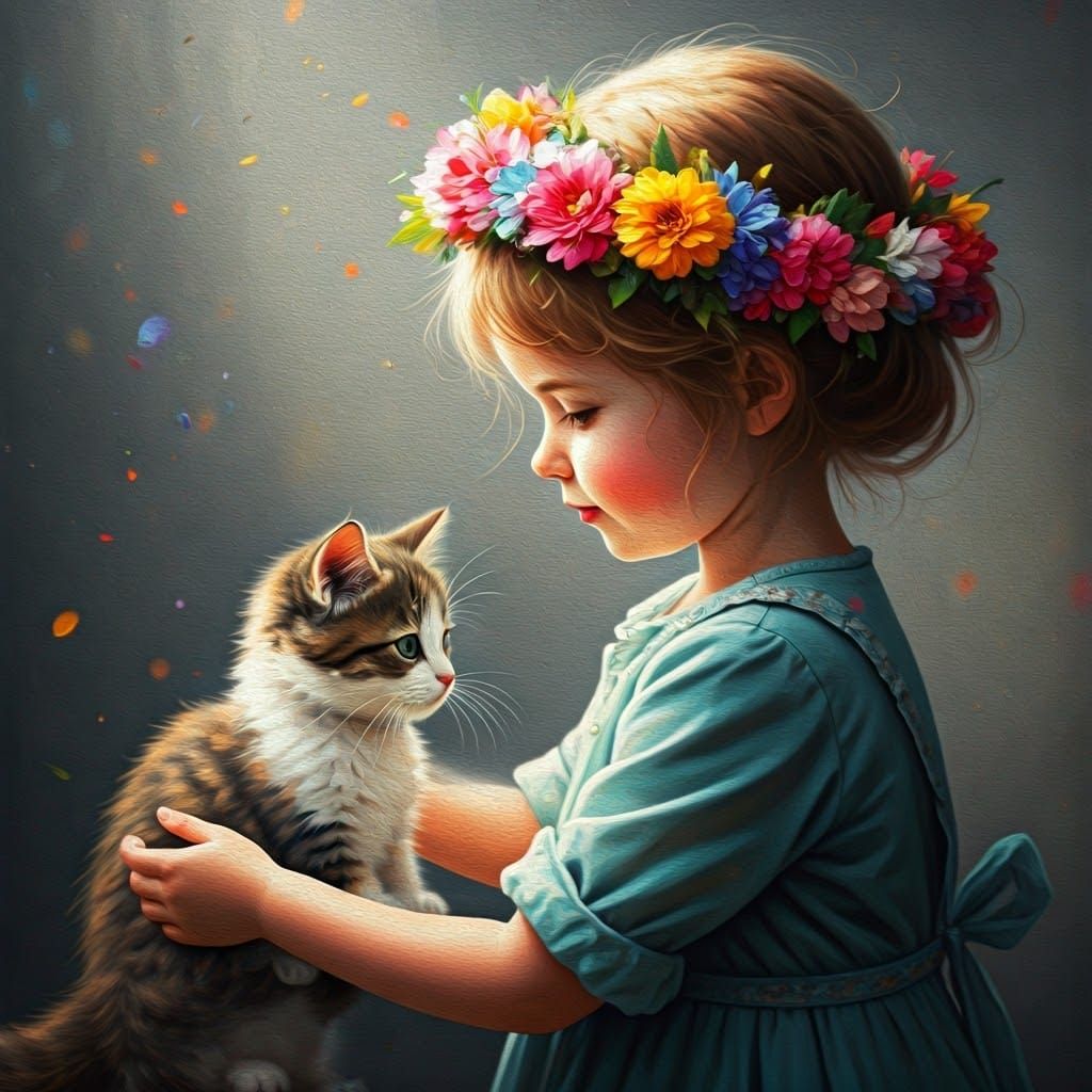 Adorable Girl Honors Her Kitten with Vibrant Floral Crown in...