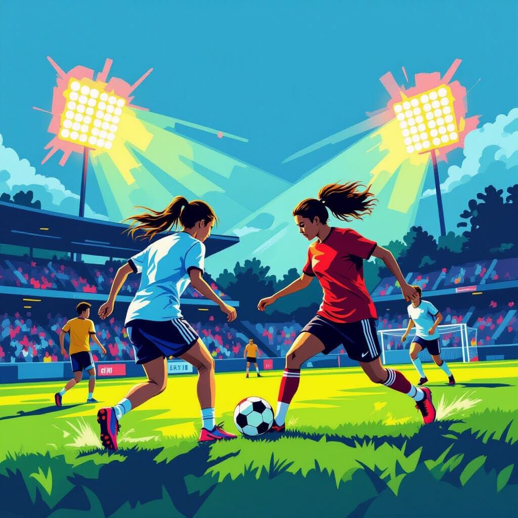 Teenagers Play Football Under Vibrant Stadium Lights