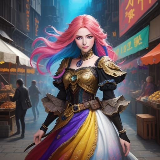 Vibrant Hair Girl in Detailed Fantasy Marketplace