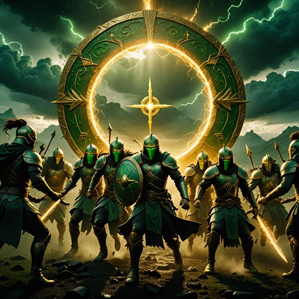 Warriors Charge into Green Portal: Epic Fantasy Art