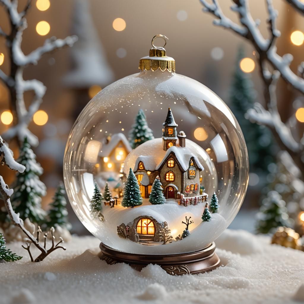 Snowy Village Inside Glass Ball, Whimsical Macro Photo