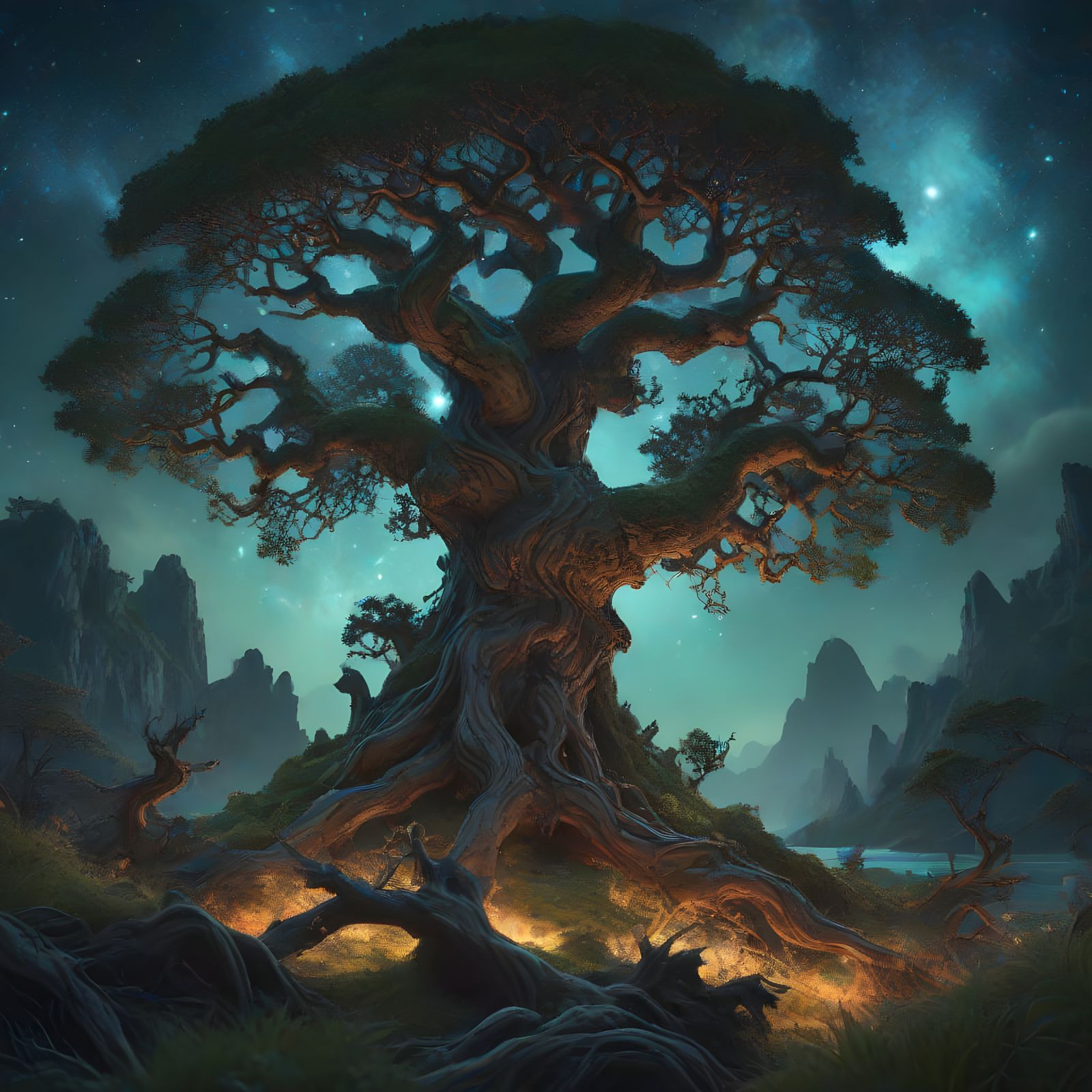 Ancient Oak Against Cosmic Nebula in Dark Fantasy Style