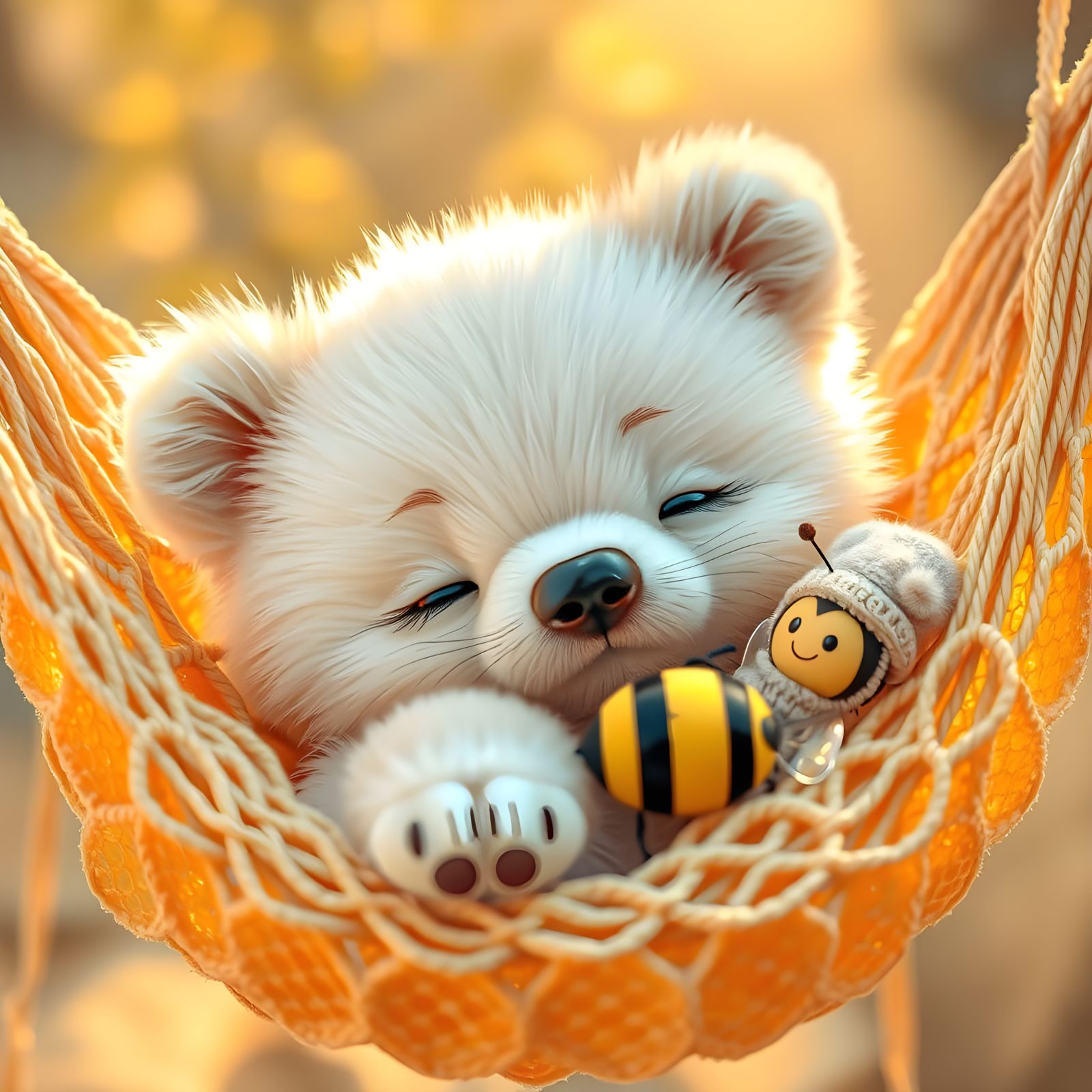 Whimsical Bear Cub in Pastel Honeycomb Hammock