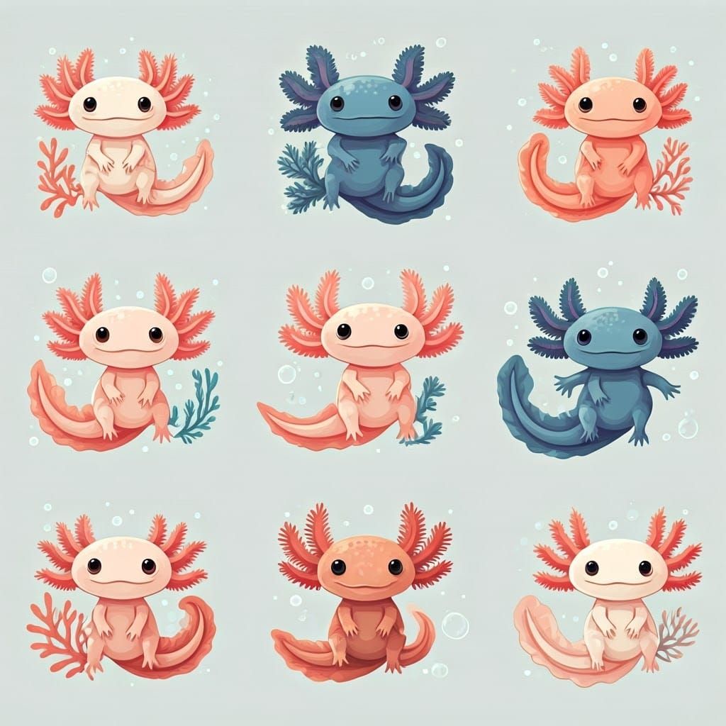 Vibrant Axolotl Illustrations in Whimsical Grid Design