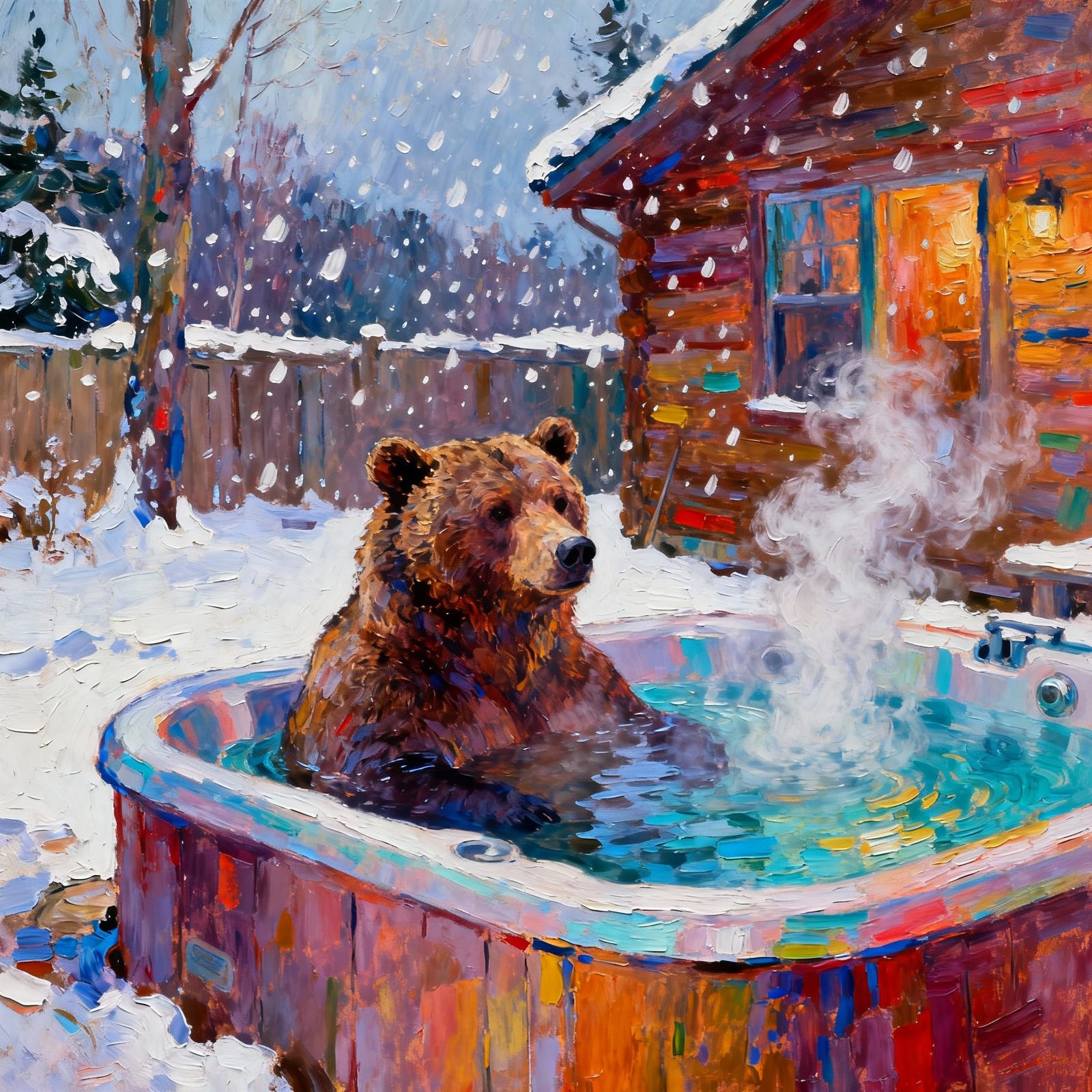Grizzly Bear Enjoys Hot Tub in Snowy Cabin Backyard