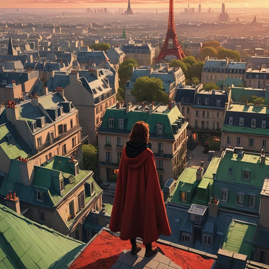 Girl in Red Cloak on Paris Rooftop