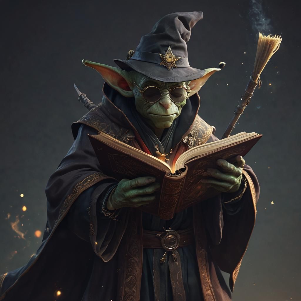 Goblin Mage Soaring on Broomstick: Dark Fantasy Art