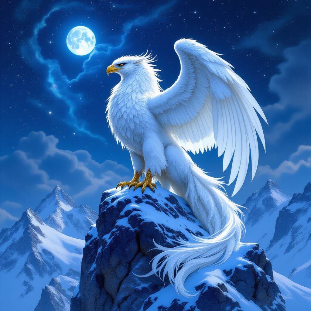 Griffin on Crystalline Peak Under Nebula Sky