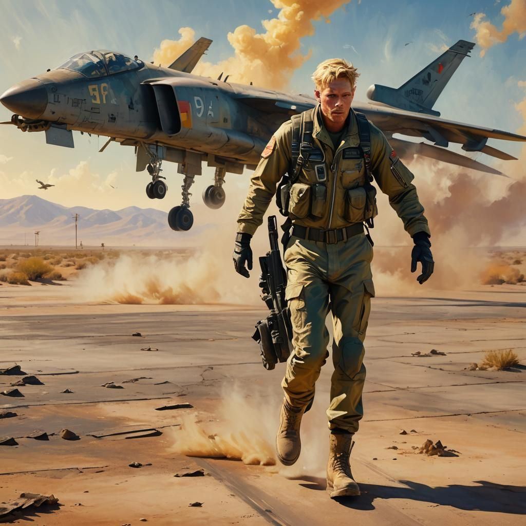 Pilot on Desert Runway in Cinematic Oil Painting