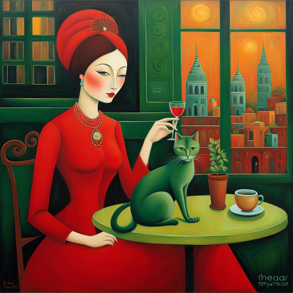Elegant Lady with Green Cat in Art Brut Style