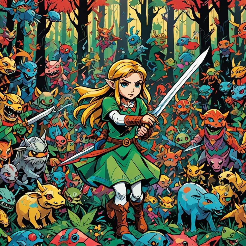 Zelda Battles Monsters in Pop Art Style