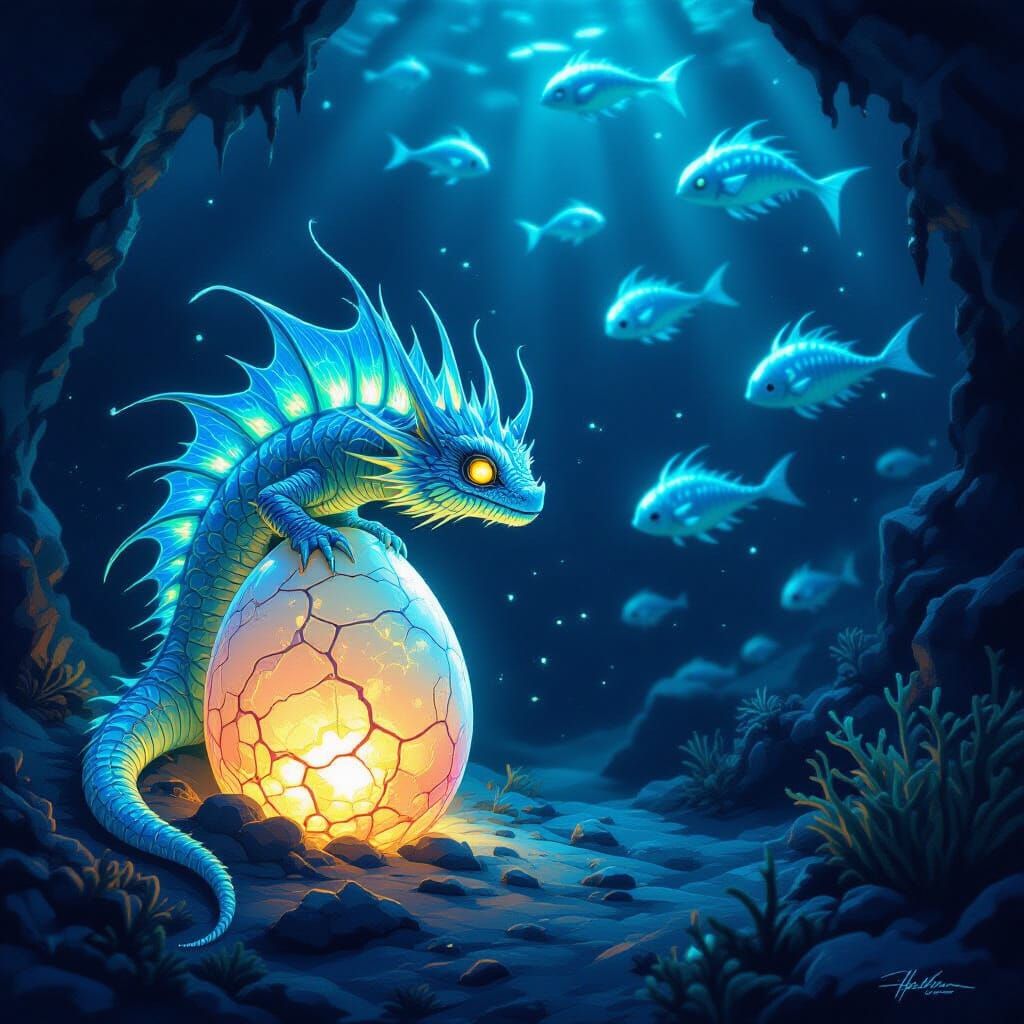 Bioluminescent Sea Dragons Hatching in Deep Ocean