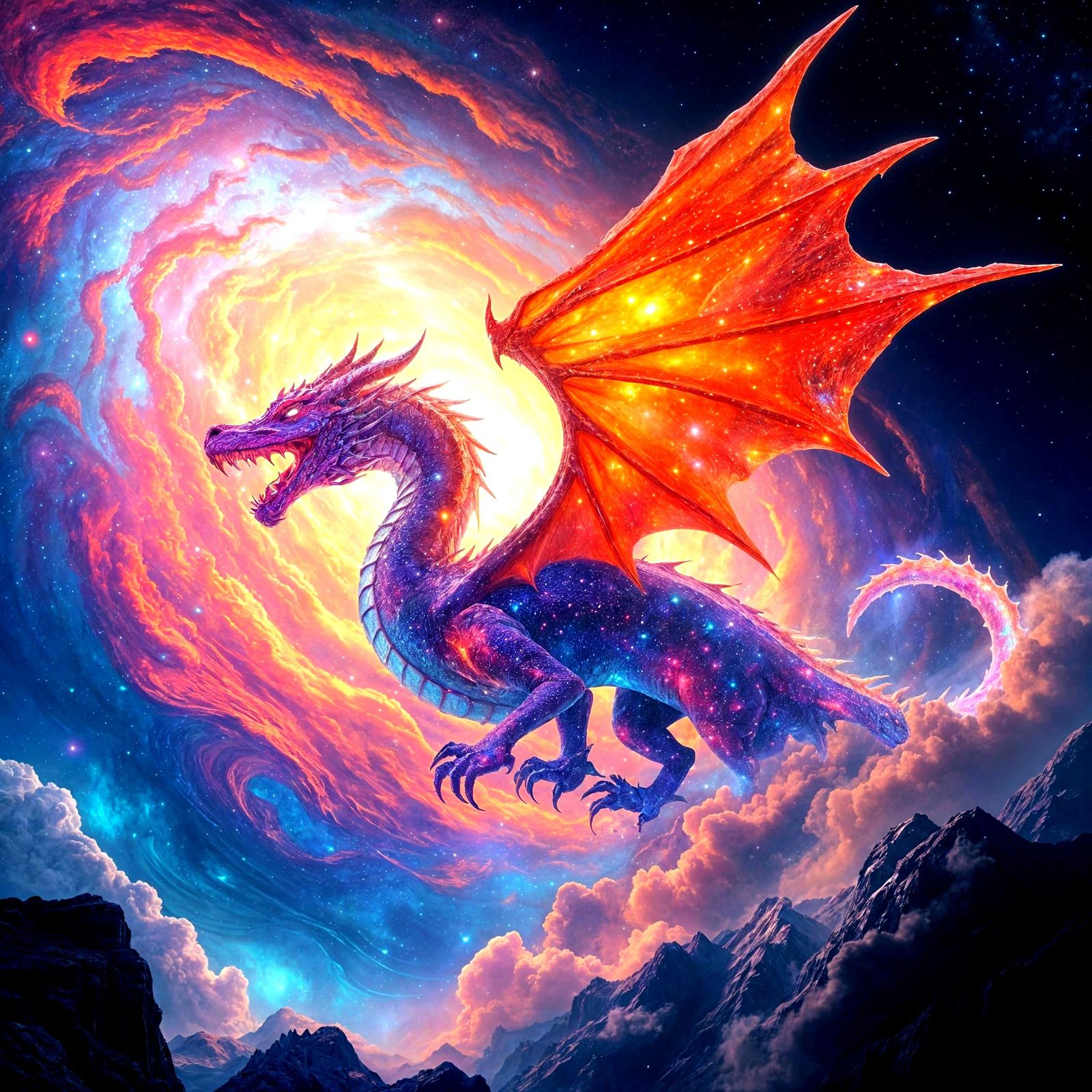 Cosmic Dragon Emerges from Nebula in Fantasy Art