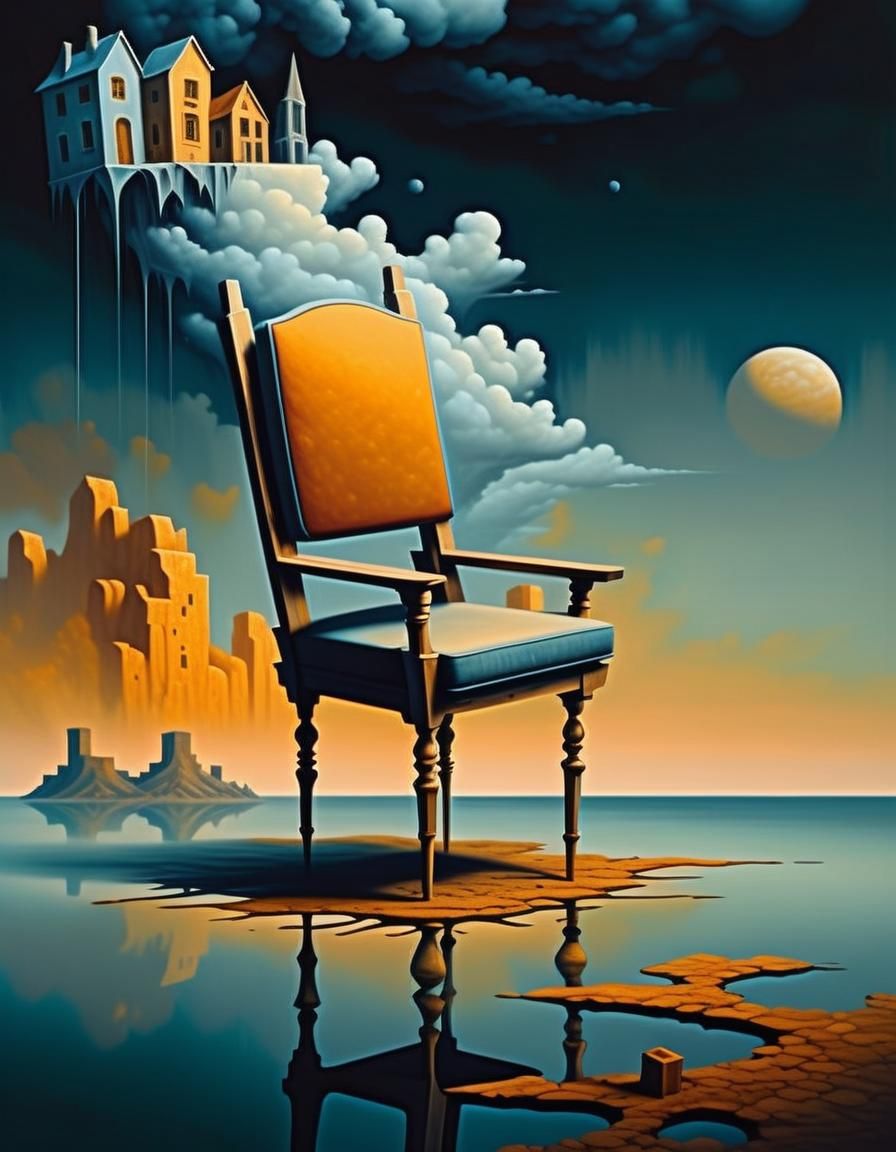 Surreal Chair Made of Houses in Dreamlike Oil Painting