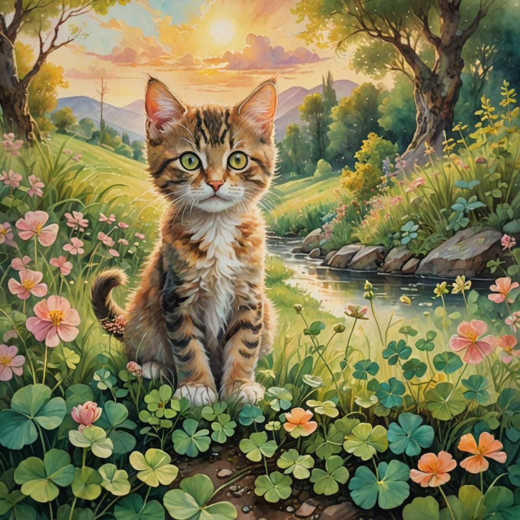 Vibrant Summer Landscape with Kitten and Four Leaf Clover in...