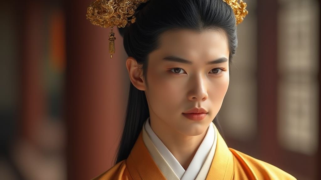 Young Chinese Man in Hanfu with Golden Hairpins