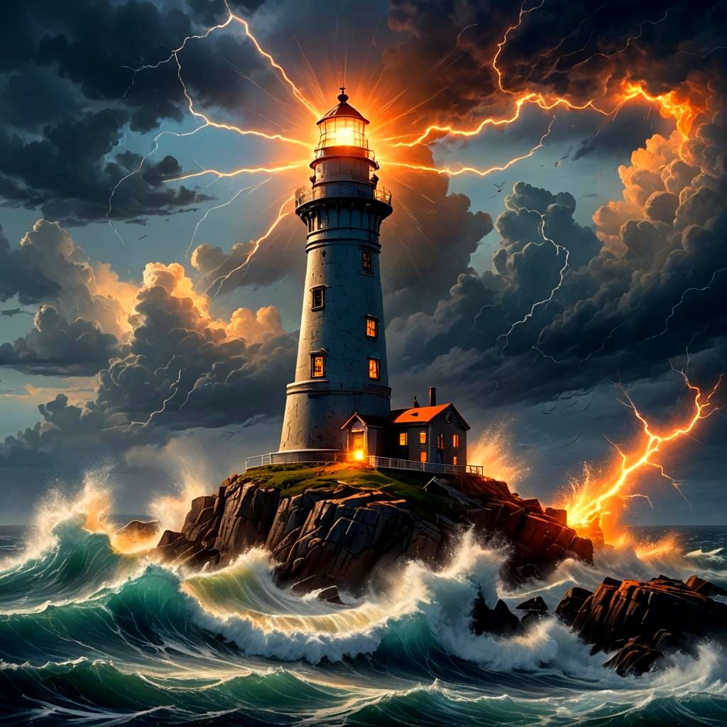 Lighthouse in Storm with Neon Lightning