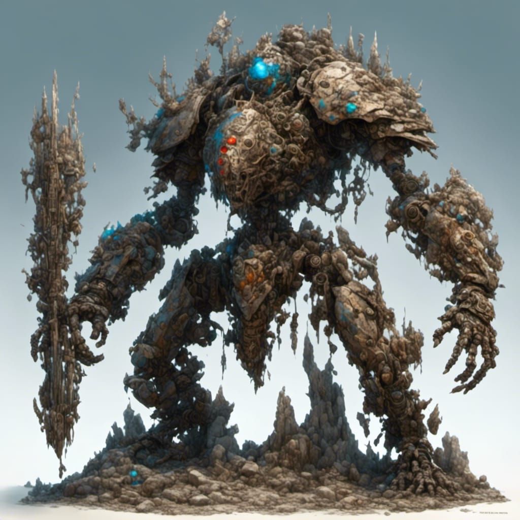 Hyperrealistic Stone Mechanical Golem in Dynamic Pose