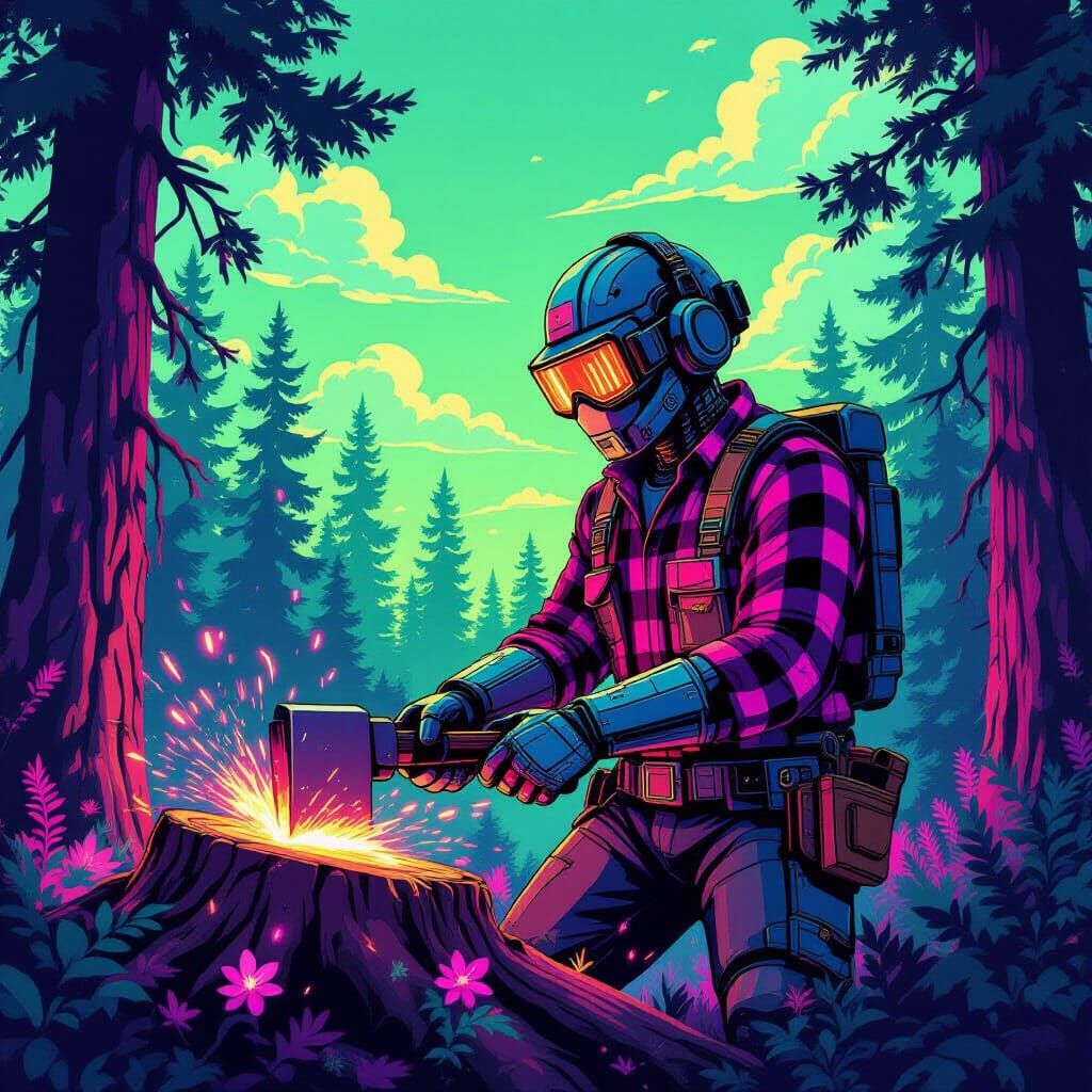 Robot Lumberjack in Futuristic Purple Forest