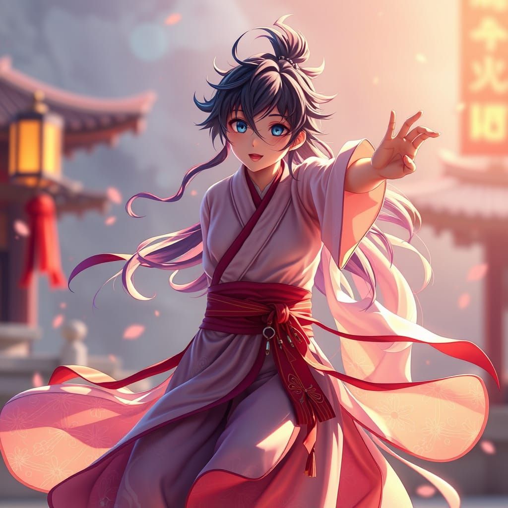 Dynamic Anime Character in Flowing Attire, Digital Art