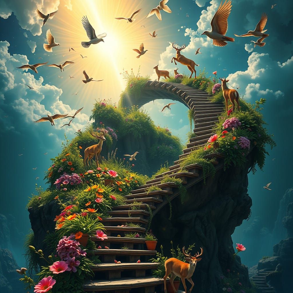 Ascent to Radiant Heaven in Whimsical Fantasy Art