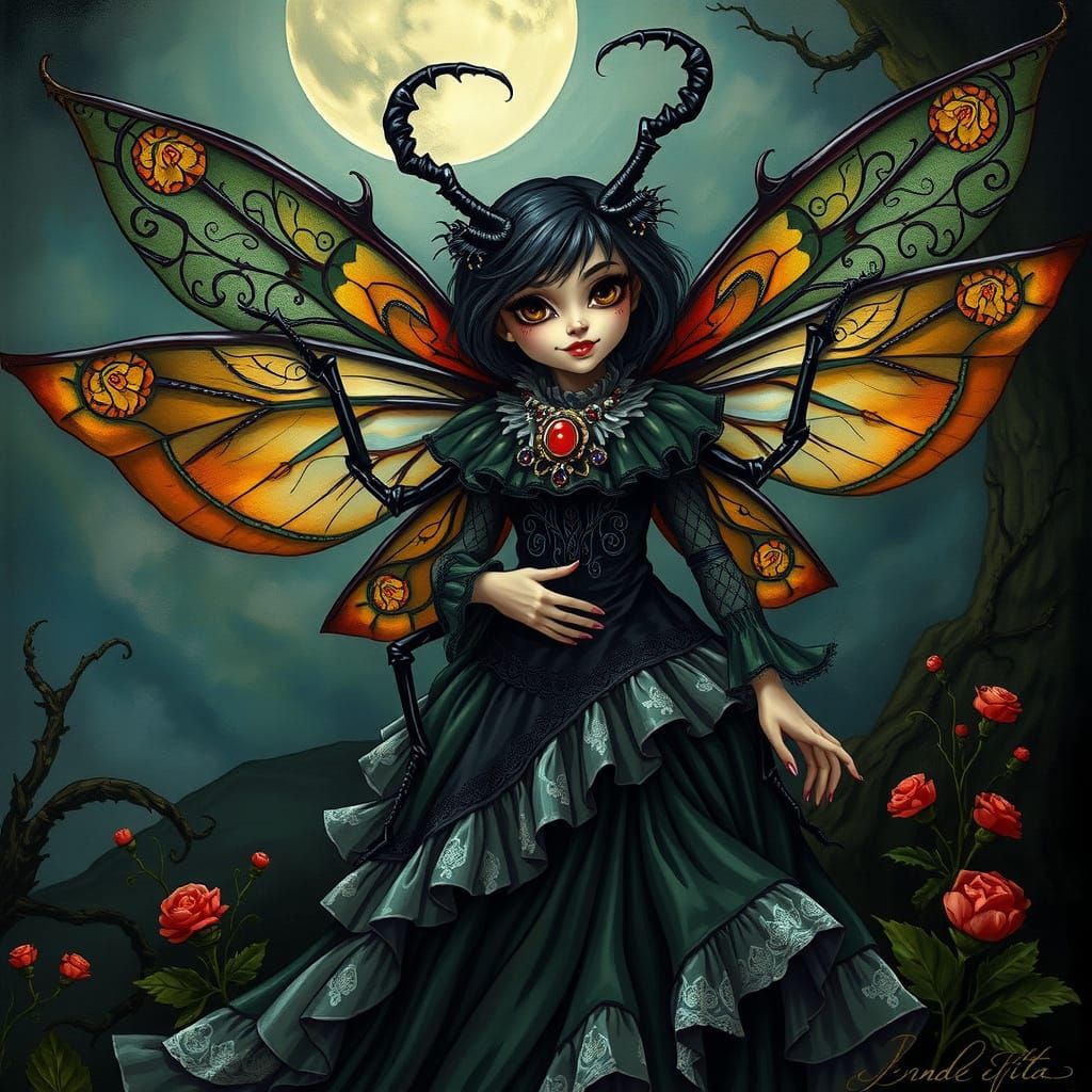 Whimsical Beetle Fairy in Dark, Baroque-Inspired Landscape