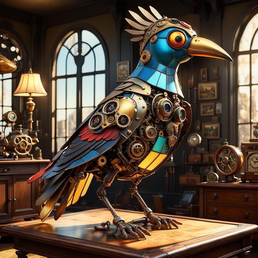 a mechanical and surrealistic anthropomorphic bird
