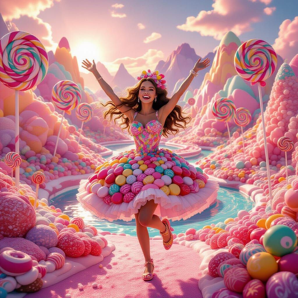 Girl Rejoices in Whimsical Candy Paradise Digital Matte Pain...