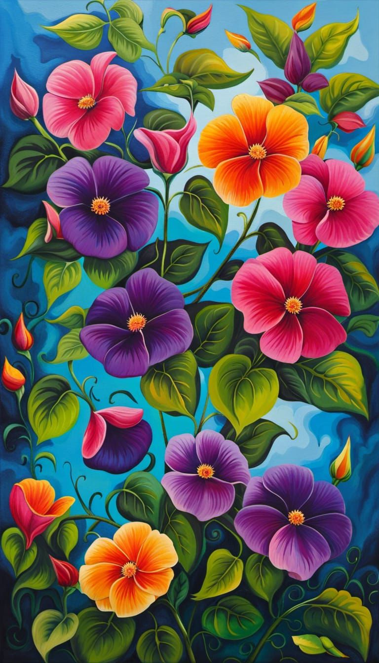 Morning Glories in Abstract Impasto Oil Painting