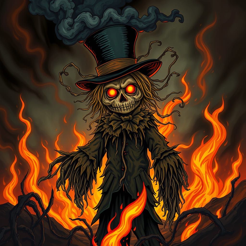 Surreal Scarecrow in Dreamscape with Fiery Tendrils