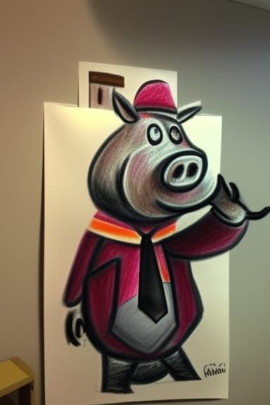 Crayon Drawing of a Anthropomorphic Pig