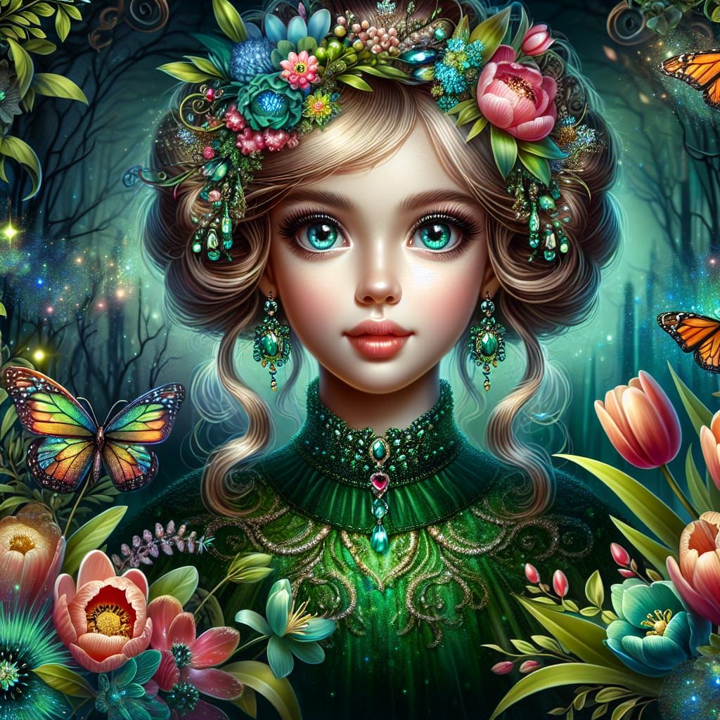Craft an enthralling fantasy-themed illustration featuring a captivating Caucasian fairy girl with large, expressive eye...