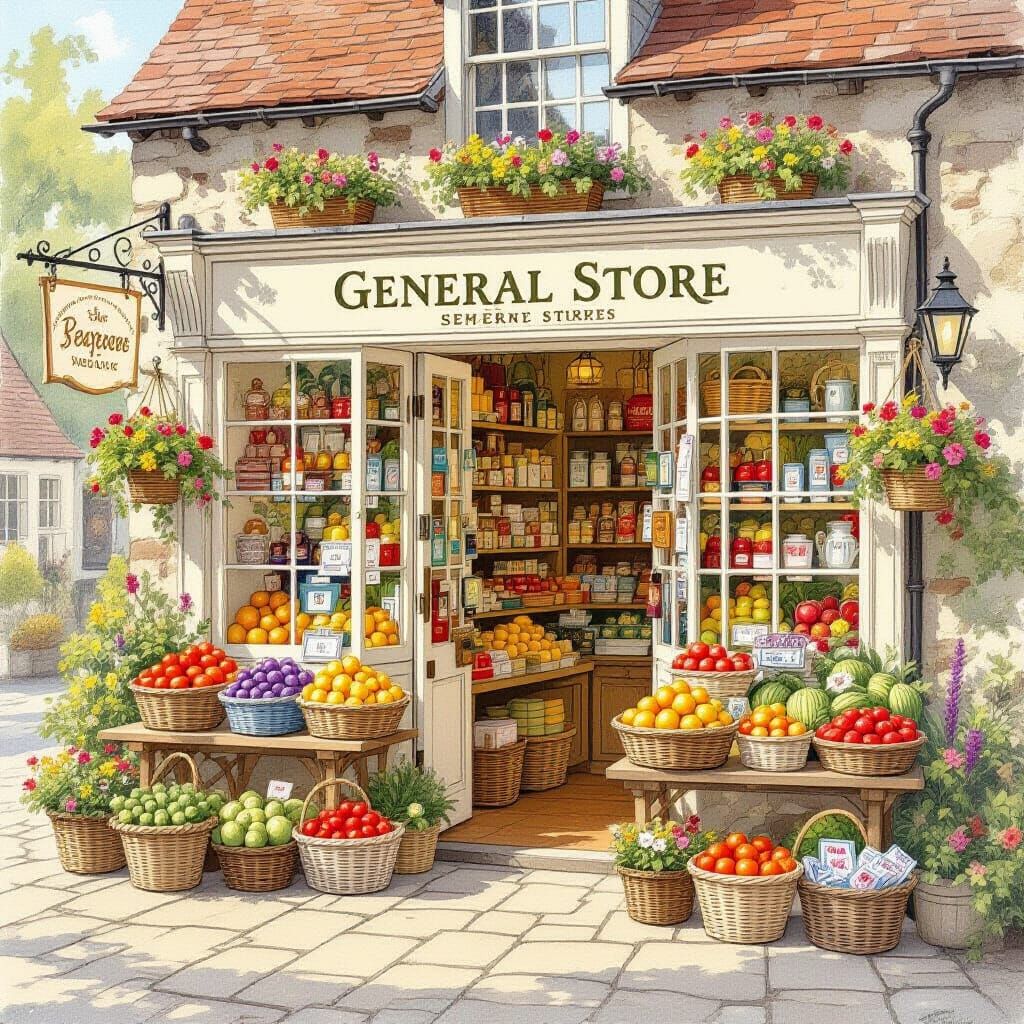 Charming General Store Illustration in Brambley Hedge Style