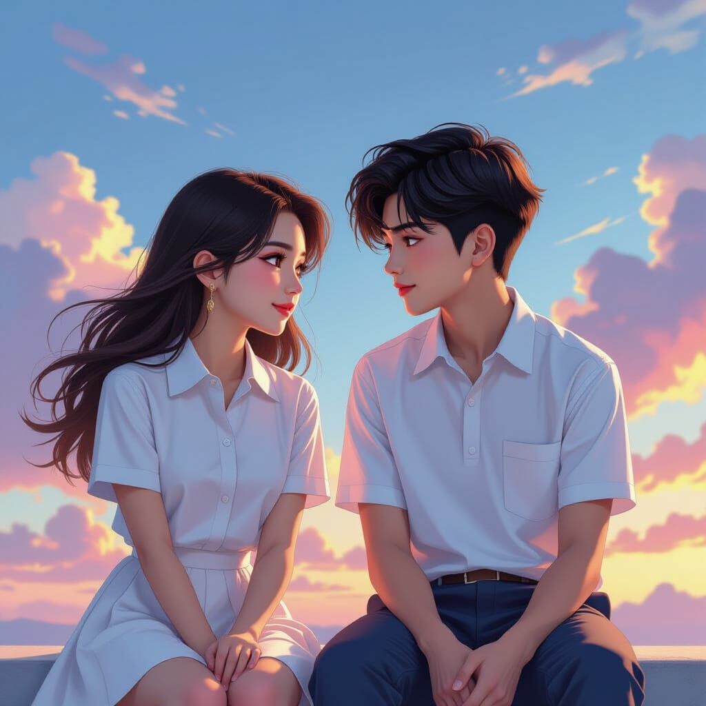 Asian Children Under Vibrant Sky in Pop-Art Style