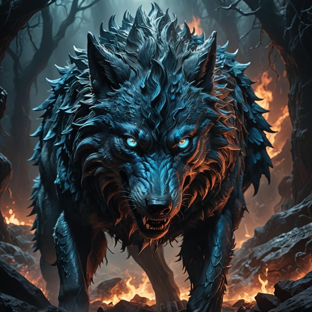 Blue-Skinned Wolf Hybrid in Hellish Underworld