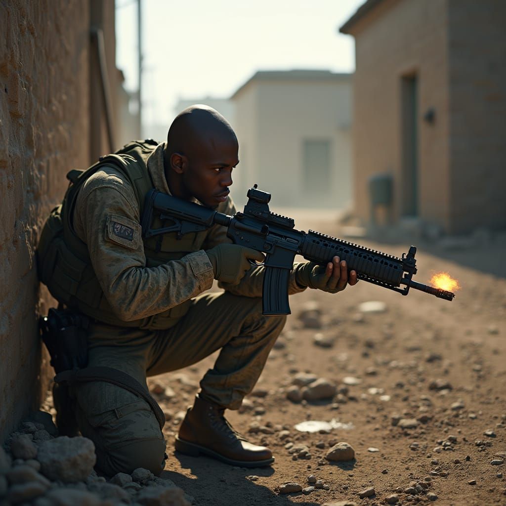 Gritty Soldier in Camouflage, Firing in a War-Torn Village