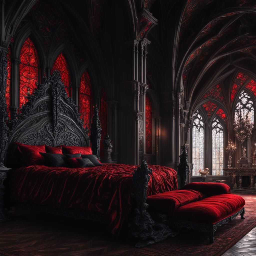 Beautiful red and black gothic bed& hyperdetailed art nouveau rococo architecture gothic art romanticism digital art 8K ...