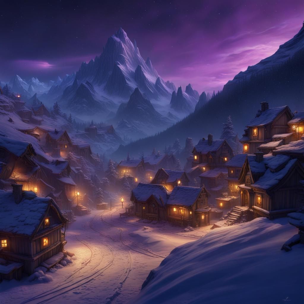Winter Village Under Night Sky: A Dark Fantasy Concept