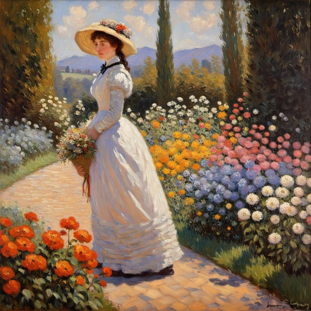 Impressionist Lady in Flower Garden Painting