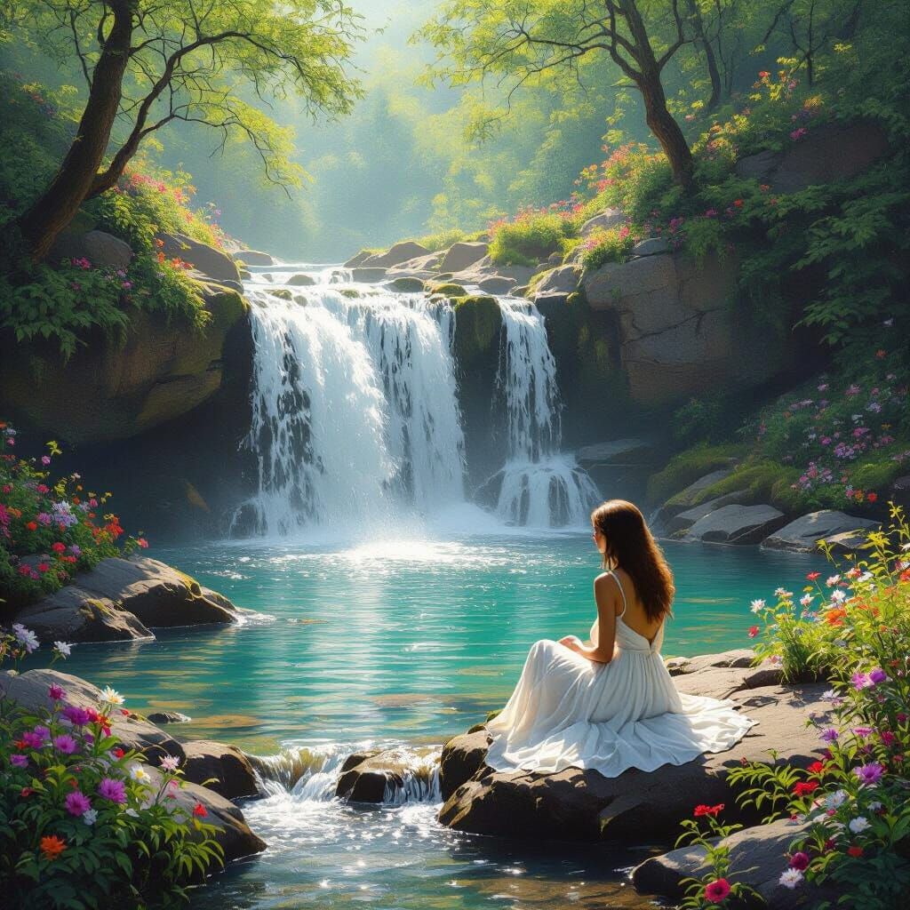 Serene Waterfall with Woman in Hudson River School Style