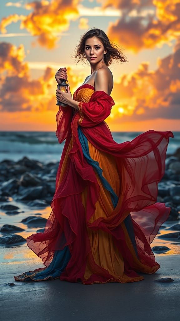 Hyper-Realistic Sunset Goddess on Rocky Beach