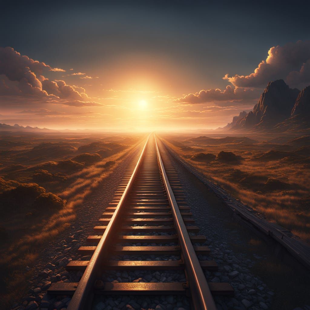 Endless Light Railway in Golden Hour Surrealism