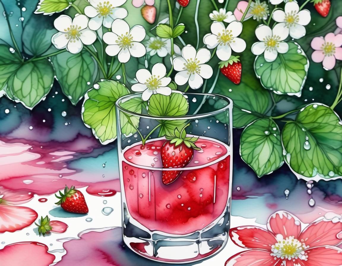 Iced Strawberry Juice Watercolour Painting